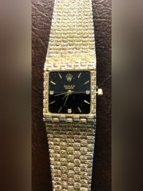Rolex Square Face Watch with Black Dial and Gold-Tone Bracelet